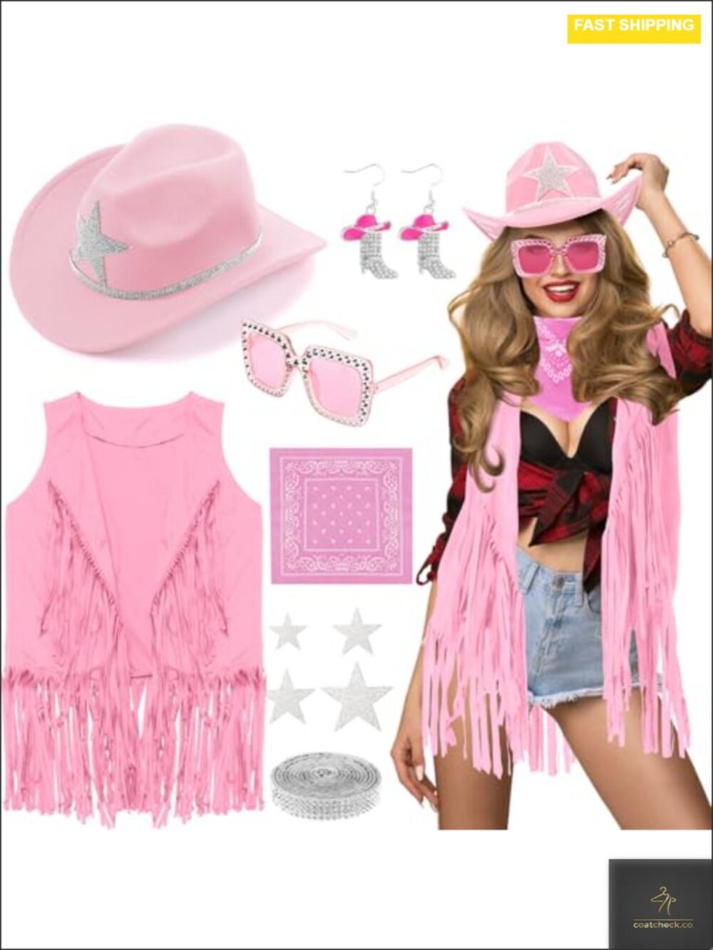 Faux Suede Cowgirl Costume Set with Vest, Hat, Earrings, Sunglasses & Bandana -